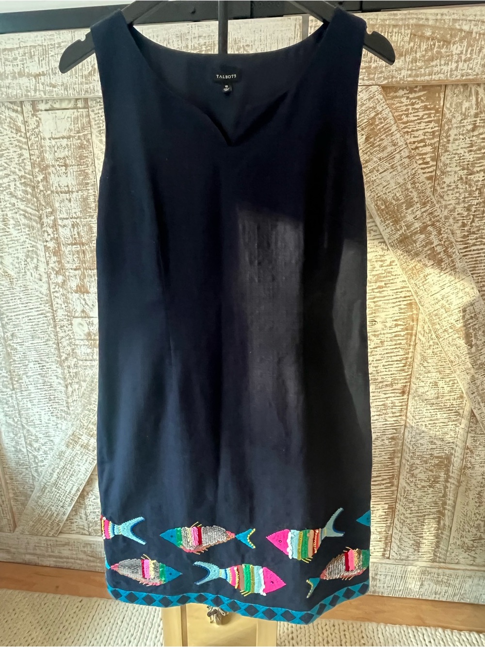 Talbots Navy Shift Dress with Colorful Sequined Fish Embroidery Size 10